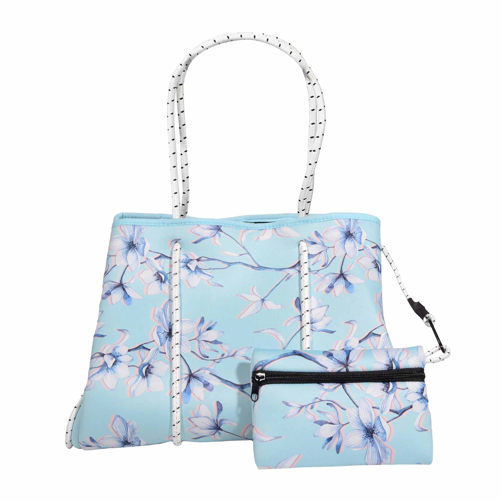 Neoprene Tote Sky Blue w/ Black & White Stripe — Apricot Lounge Salon